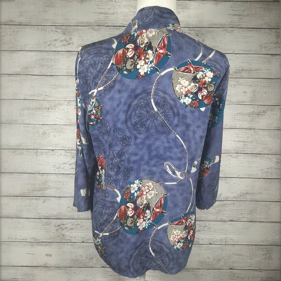 Citron Santa Monica Smoke Blue Floral Open Front Silk Jacket Size Medium Petite - Picture 2 of 8